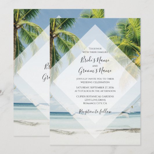 Cartes d'invitation de mariage sur la plage aux pa (Devant / Derrière)