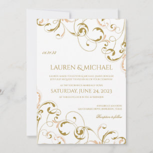 Cartes d'invitation de mariage uniques pêche et or