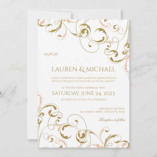 Cartes d'invitation de mariage uniques pêche et or (Devant)