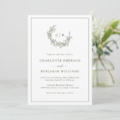 Cartes d'invitation de mariage vertes monogrammes (Debout devant)