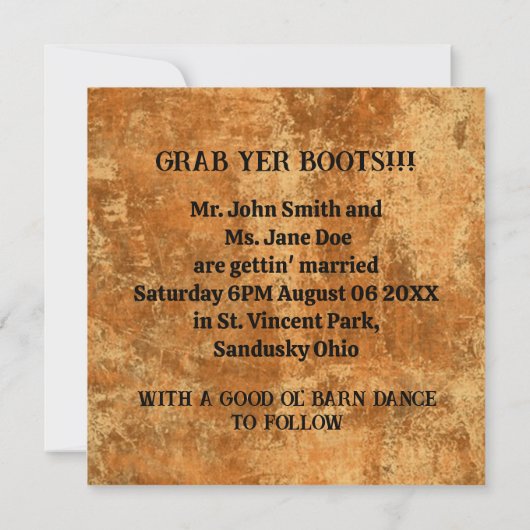 Cartes d'invitation de mariage western bottes de c (Dos)