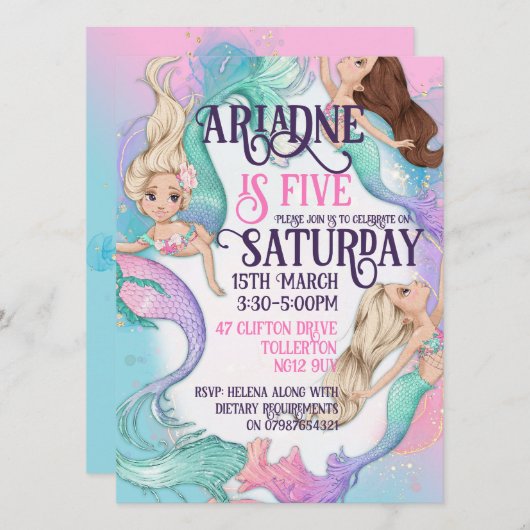 Cartes d'invitation de petites sirènes jolies (Devant / Derrière)