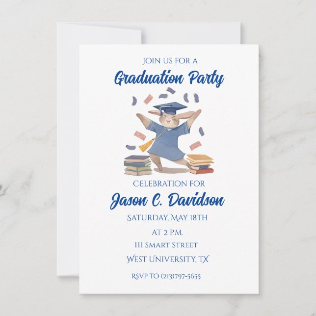 Cartes d'invitation de remise de diplôme de lapin  (Devant)