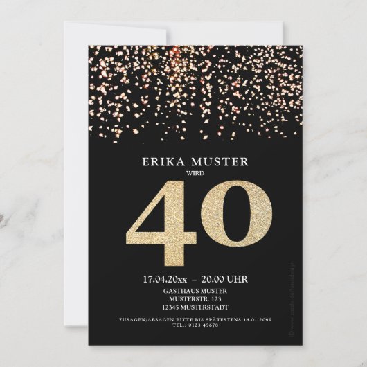 Cartes d'invitation design or noir 40 ans (Devant)