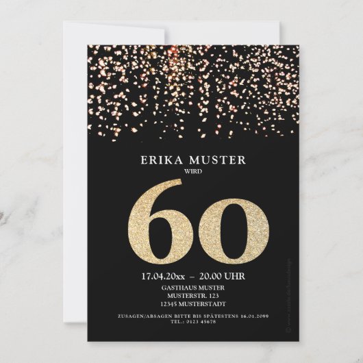 Cartes d'invitation design or noir 60 ans (Devant)