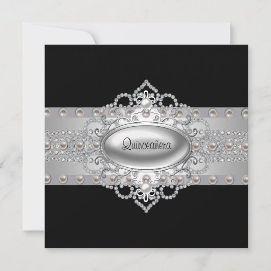Cartes d'invitation Diamants Perles Noires pour Qu (Devant)