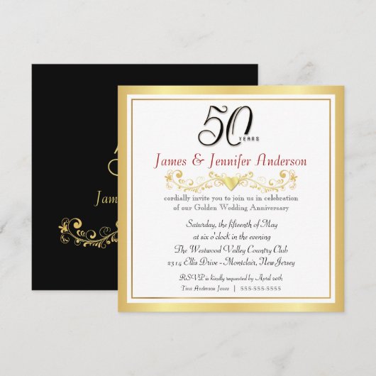 Cartes d'invitation dorées pour les 50 ans de mari (Devant / Derrière)