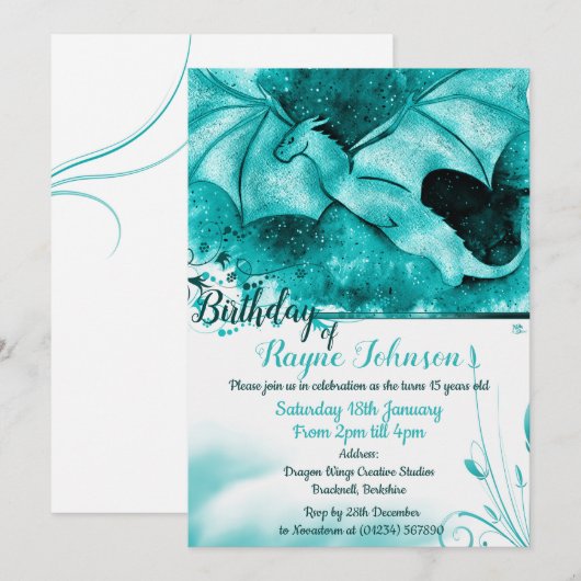 Cartes d'invitation Dragon Éclat de Couleur Bleue (Devant / Derrière)