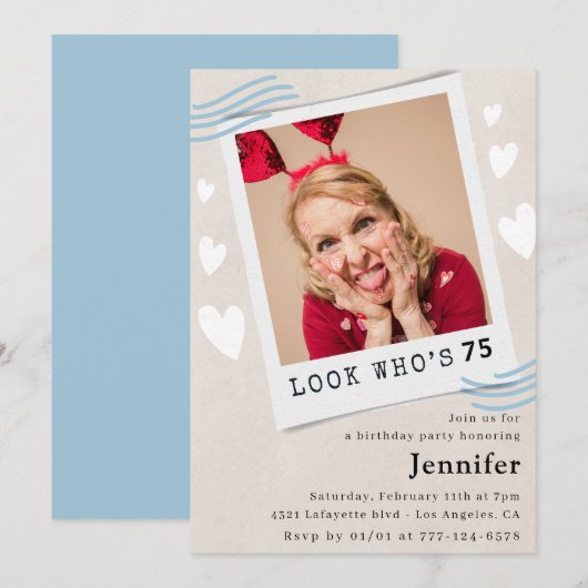 Cartes d'invitation drôles pour 75 ans Fêter qui d (Devant / Derrière)
