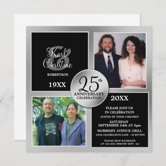 Cartes d'invitation élégantes argentées pour 25e a (Devant / Derrière)