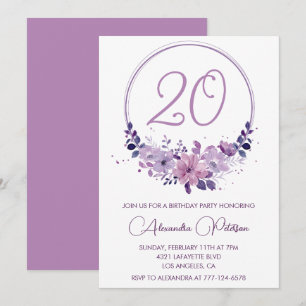 Cartes d'invitation élégantes pour 20 ans Fleurs V