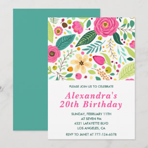 Cartes d'invitation élégantes pour 20 ans Floral C