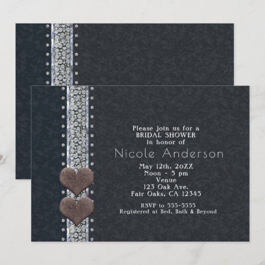 Cartes d'invitation en cuir noir et diamants de st (Devant / Derrière)
