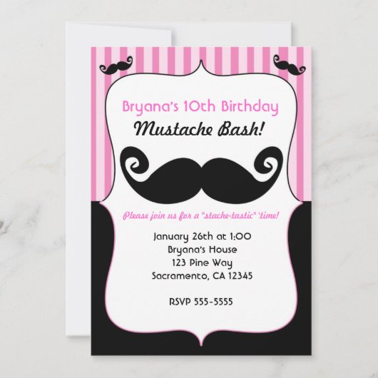 Cartes d'Invitation Filles Bash Moustache Rose Bla (Devant)