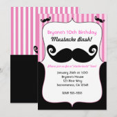 Cartes d'Invitation Filles Bash Moustache Rose Bla (Devant / Derrière)
