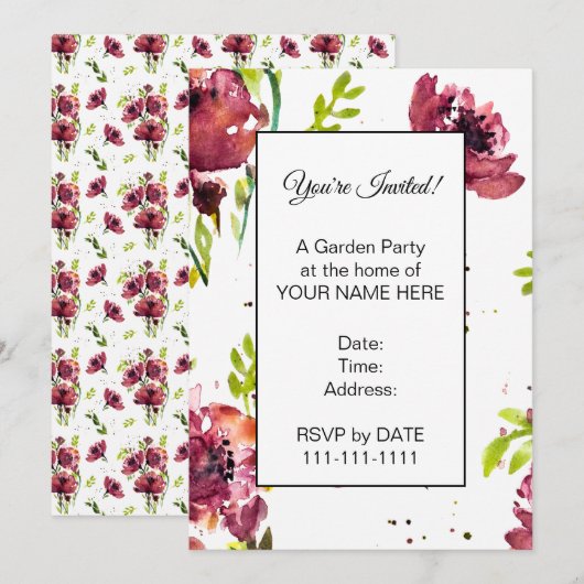 Cartes d'invitation Fleur Poppy aquarelle (Devant / Derrière)