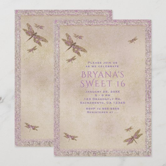 Cartes d'invitation libellules violettes et or (Devant / Derrière)