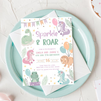 Cartes d'invitation Licorne et Dinosaure. Numériqu