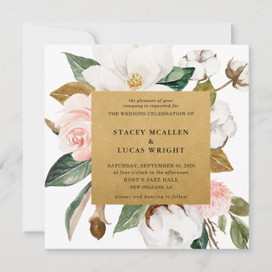 Cartes d'invitation Magnolia Floral Gold (Devant)