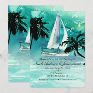 Cartes d'invitation mer voilier et palmiers aquare