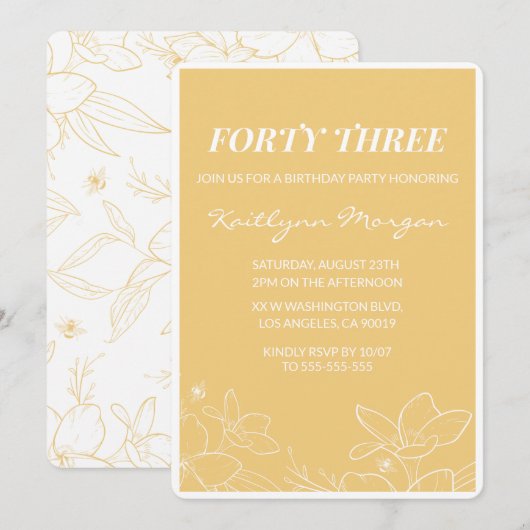 Cartes d'invitation modernes florales jaunes pour  (Devant / Derrière)