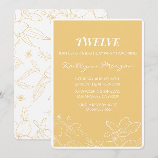Cartes d'invitation modernes pour 12 ans Fleurs Ja (Devant / Derrière)