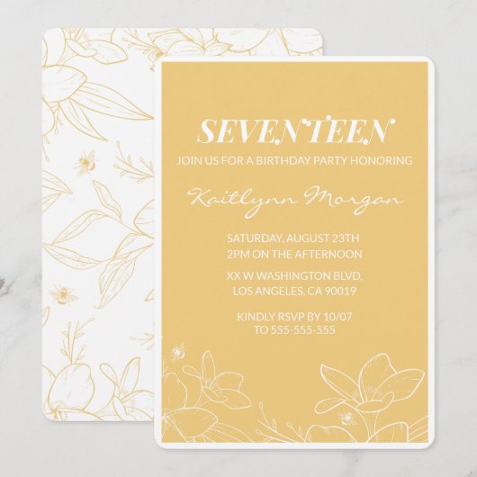 Cartes d'invitation modernes pour 17 ans Fleurs Ja (Devant / Derrière)