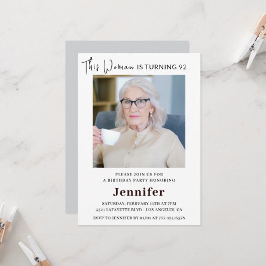 Cartes d'invitation modernes pour ses 92 ans avec (Devant/Arrière en situation)