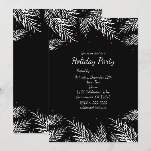 Cartes d'invitation noires de fêtes avec pin blanc (Devant / Derrière)