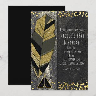 Cartes d'invitation noires et or avec plume et tip