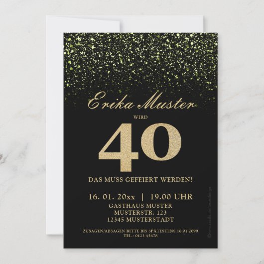 Cartes d'invitation pailletées or noir pour les 40 (Devant)