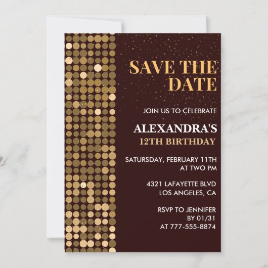 Cartes d'invitation pour 12 ans Save the date Or (Devant)