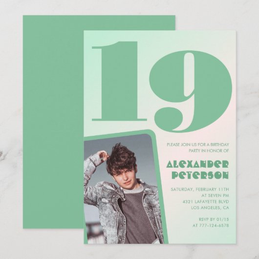 Cartes d'invitation pour 19 ans avec dégradé vert  (Devant / Derrière)