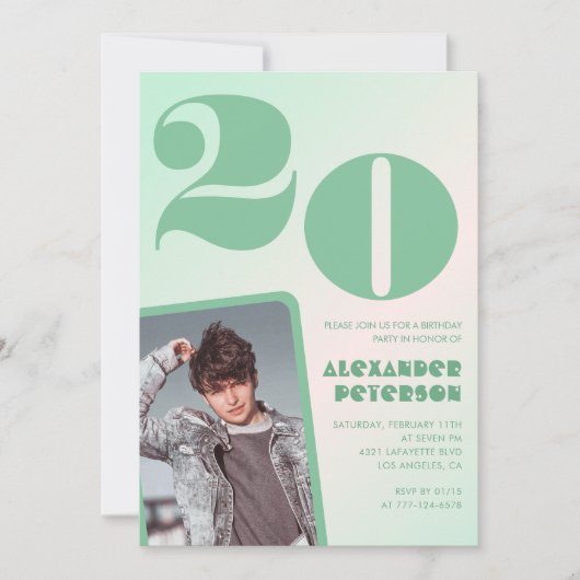 Cartes d'invitation pour 20 ans avec un garçon et (Devant)
