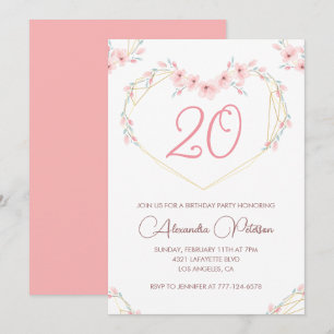 Cartes d'invitation pour 20 ans Bohème Floral Rose
