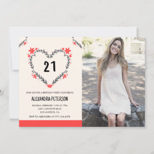 Cartes d'invitation pour 21 ans avec cœur floral