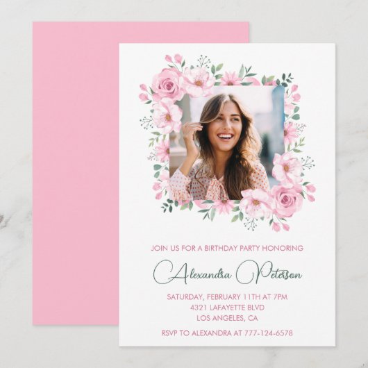 Cartes d'invitation pour 39 ans avec photo florale (Devant / Derrière)