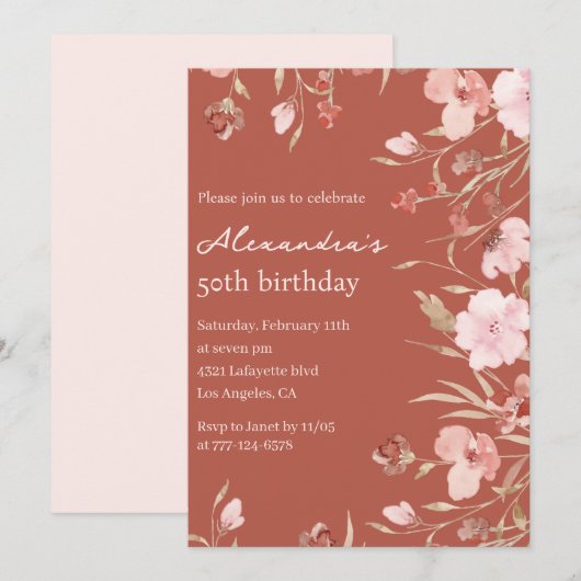 Cartes d'invitation pour 50 ans Boho Floral Chic (Devant / Derrière)