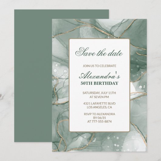 Cartes d'invitation pour 50 ans Save the date Vert (Devant / Derrière)
