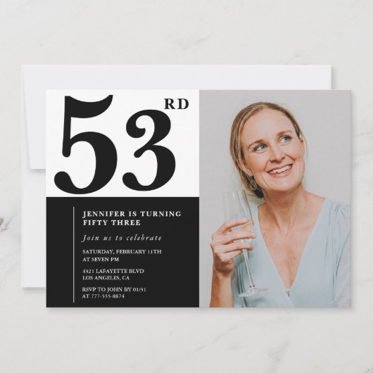 Cartes d'invitation pour 53 ans avec photo en noir (Devant)