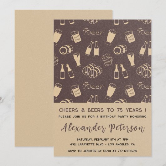 Cartes d'invitation pour 75 ans Hommes Bière Rusti (Devant / Derrière)