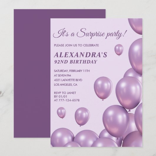 Cartes d'invitation pour 92e anniversaire surprise (Devant / Derrière)