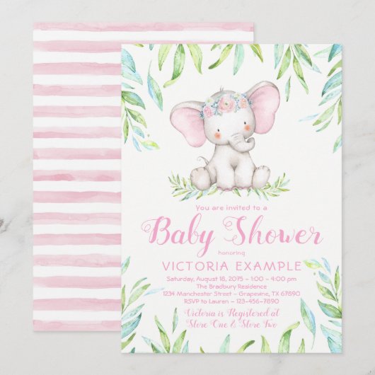 Cartes d'invitation pour Baby Shower éléphant bébé (Devant / Derrière)