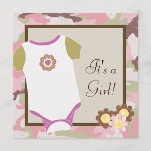 Cartes d'invitation pour Baby Shower fille camoufl
