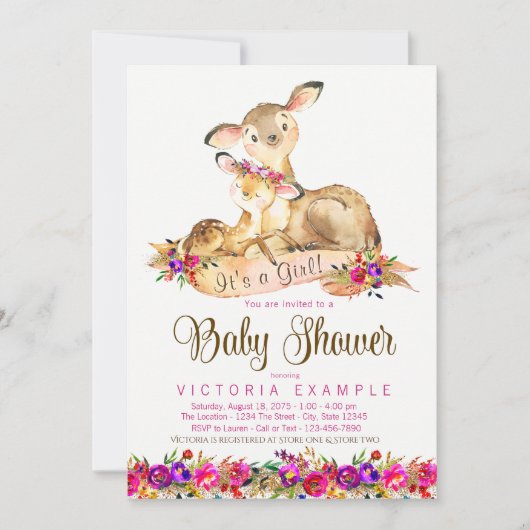 Cartes d'invitation pour Baby Shower Fille Cerf (Devant)