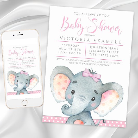 Cartes d'invitation pour Baby Shower Fille Éléphan