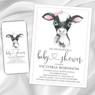 Cartes d'invitation pour Baby Shower Fille Vache d