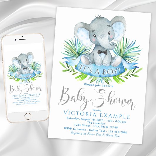 Cartes d'invitation pour Baby Shower Garçon Élépha