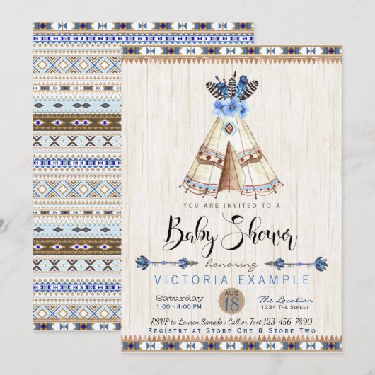 Cartes d'invitation pour Baby Shower Garçon Tipi T (Devant / Derrière)