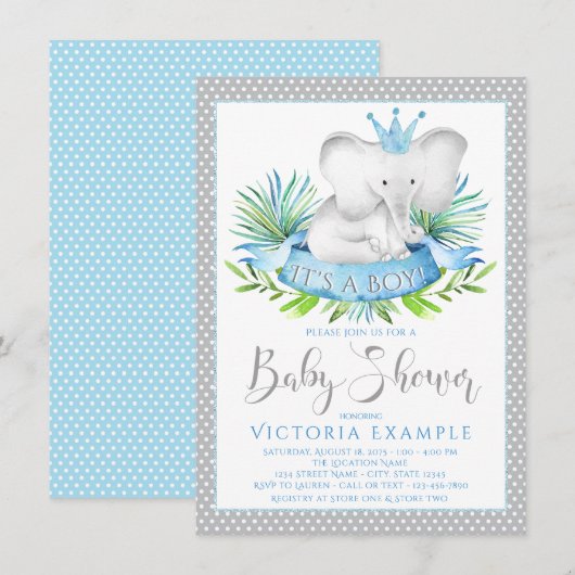 Cartes d'invitation pour Baby Shower Prince Élépha (Devant / Derrière)